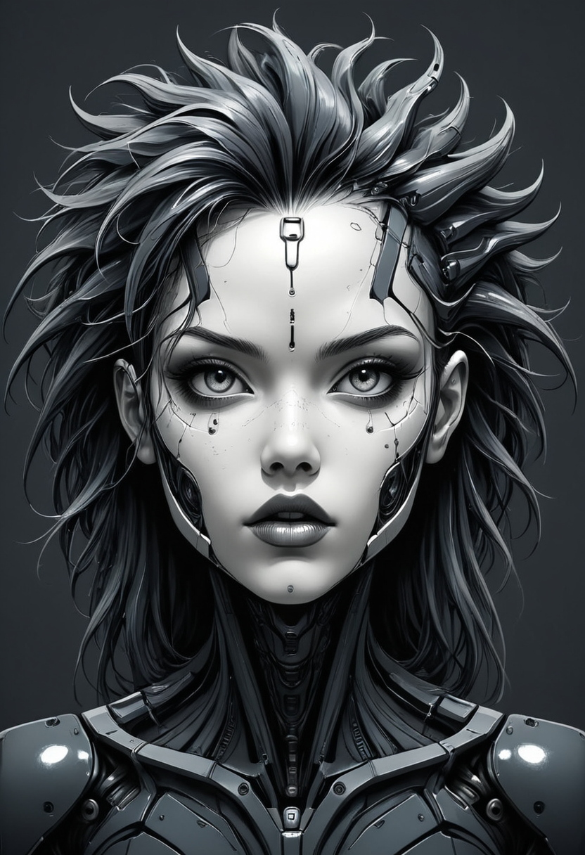 broken female futuristic biomech with wild hair, modern girl, eye catching, white ink drawing, dark grey background, illustration, mobe-cybideen,
