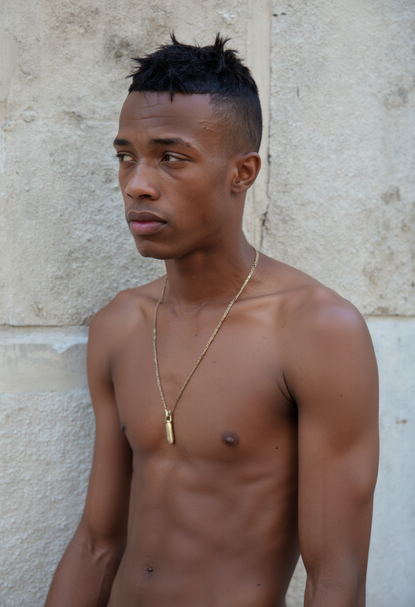 A shirtless young man with dark brown skin and short dreadlocks stands confidently in front of a textured concrete wall. His expression is calm and introspective, with deep-set, almond-shaped eyes and high cheekbones. His lean build is emphasized by the natural side lighting, casting subtle shadows across his toned chest and arms. A gold chain hangs around his neck. He gazes slightly off-camera, as though lost in thought. The muted background and natural lighting create a minimalist, urban aesthetic. <lora:AndroCore-1.4:1>