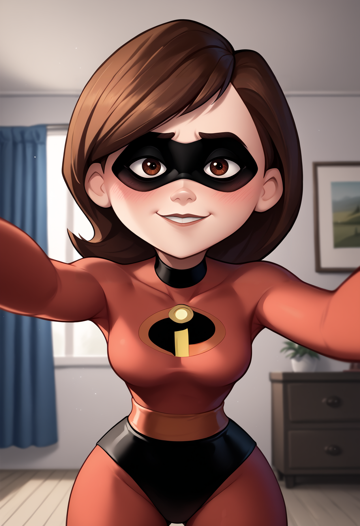 score_9, score_8_up, score_7_up, score_6_up, score_5_up, score_4_up, BREAK,
1girl, helenparr, brown hair, brown eyes, domino mask, bodysuit, smile, kabedonpov, blush, upper body, looking at viewer, solo, indoors, bedroom background    <lora:GrabbingViewerXL:1> <lora:HelenParrXL:1>