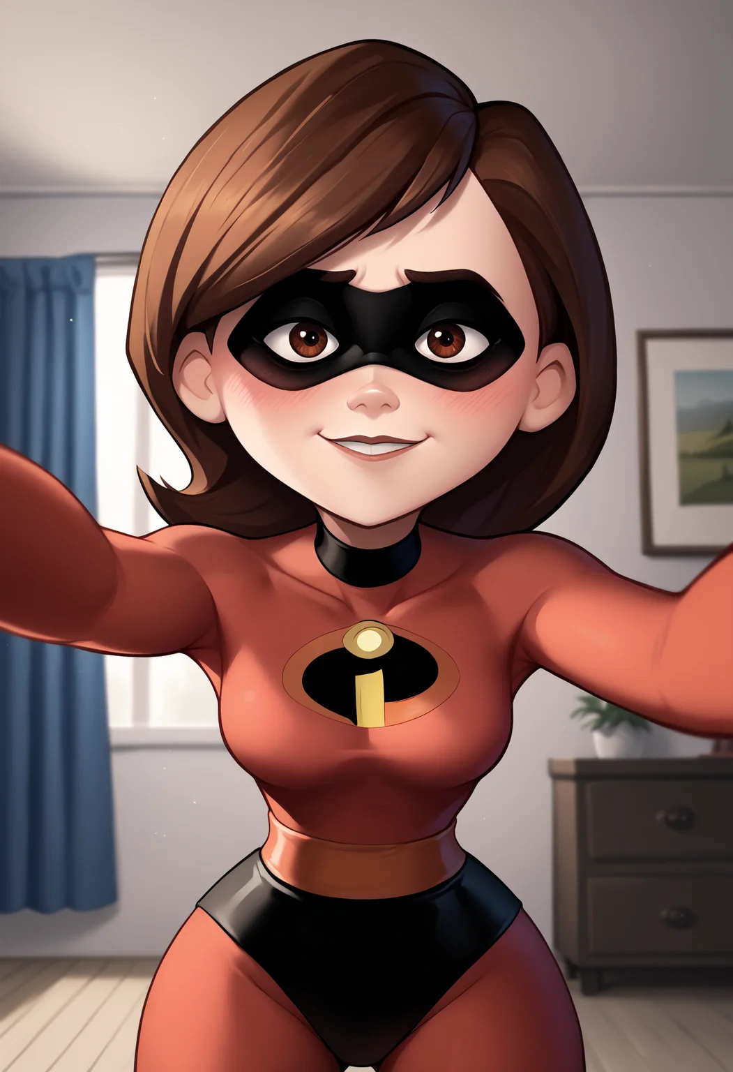 score_9, score_8_up, score_7_up, score_6_up, score_5_up, score_4_up, BREAK,
1girl, helenparr, brown hair, brown eyes, domino mask, bodysuit, smile, kabedonpov, blush, upper body, looking at viewer, solo, indoors, bedroom background    <lora:GrabbingViewerXL:1> <lora:HelenParrXL:1>