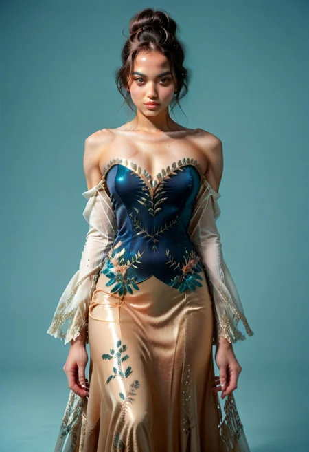 score_9, score_8_up, score_7_up, kebaya dress (long dress, skin tight, strapless, off shoulder, luxurious design),
pureerosface_v1, JDMAI_KEBAYA, JDMAI_ARIEL_SARI,
(dynamic lighting), (dynamic shadow), 4k, HD, Hi res, cinematic masterpiece, photographic masterpieces, epiCPhoto,
Neat hair bun, professional makeup,
Portrait, upper body, alluring pose,
(simple turquoise background), (blurry background), (sharp focus on object),