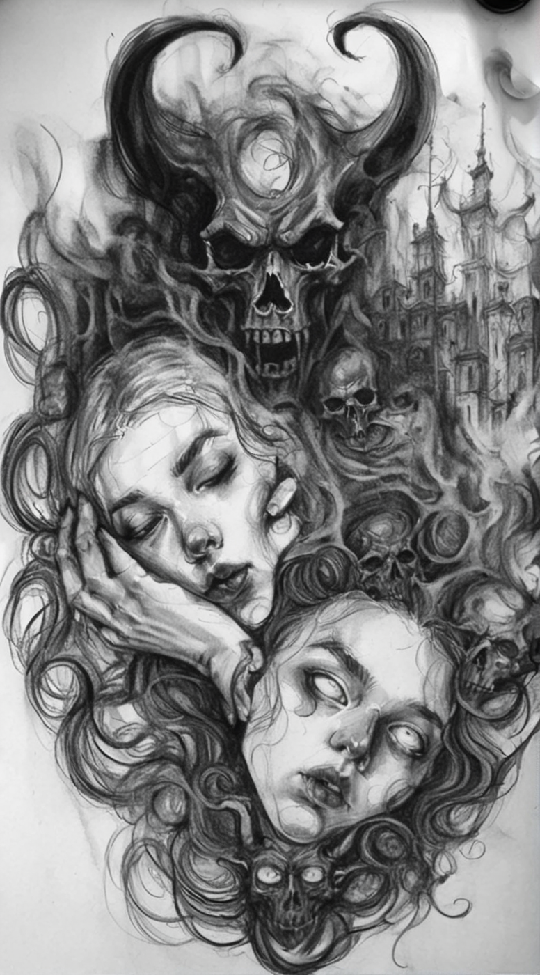 visiblend pencil drawing girl and devil in hell, black ink<lora:visiblend:0.8>