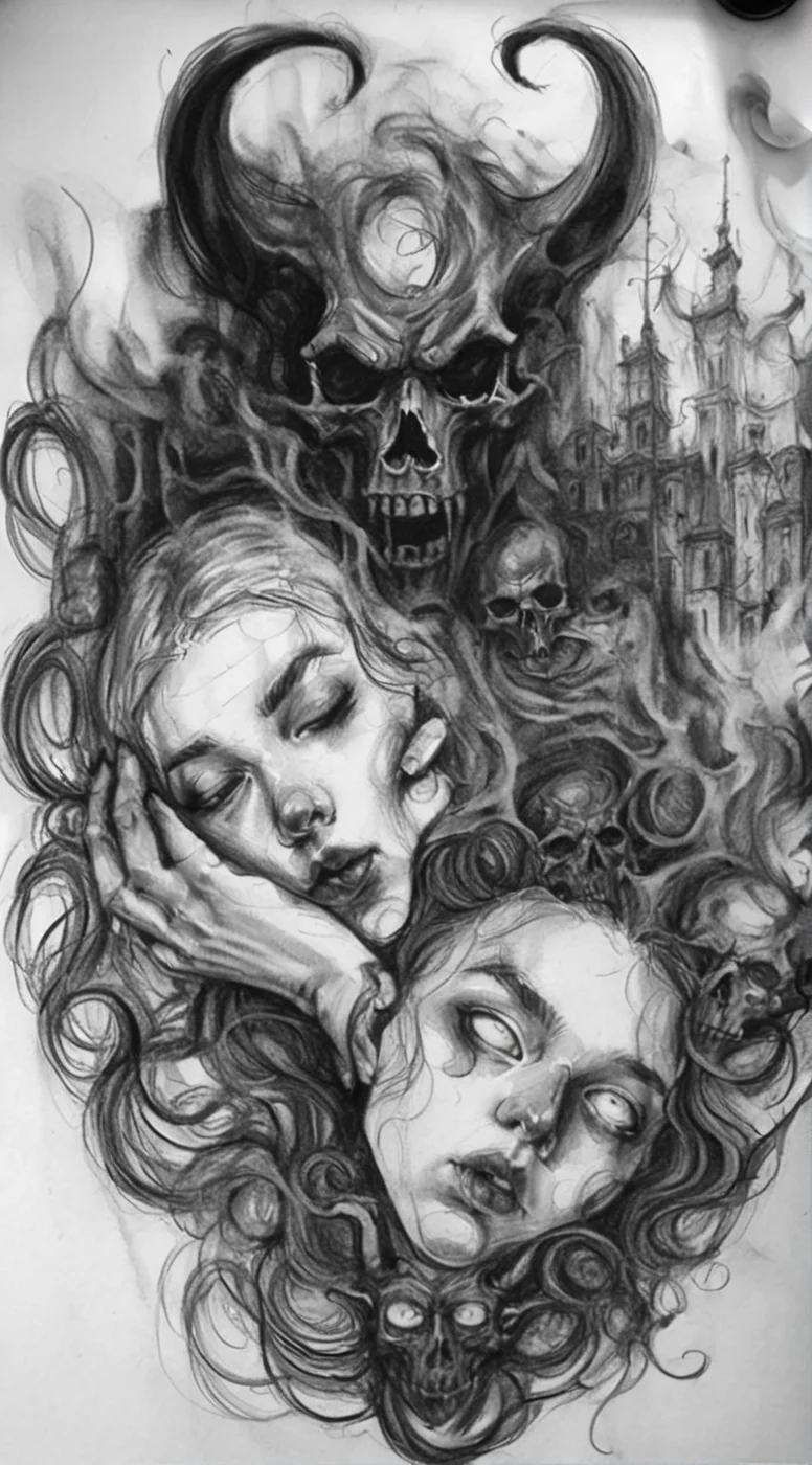 visiblend pencil drawing girl and devil in hell, black ink<lora:visiblend:0.8>