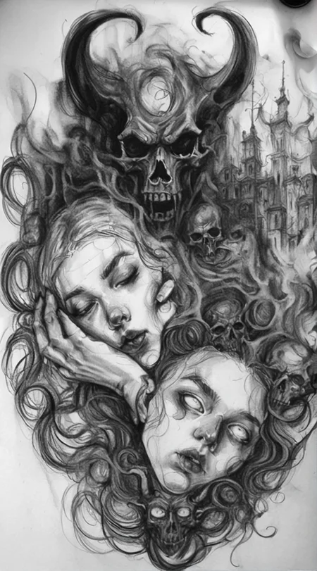 visiblend pencil drawing girl and devil in hell, black ink<lora:visiblend:0.8>