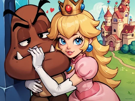 zPDXL, score_9, score_8_up,score_7_up, rating_safe, standing, hugging each other, cowboy shot, 1girl, seductive smile, from above, looking at viewer, (peach's castle in the background), hearts
BREAK <lora:goomba_updated:0.8> ((goomba))
BREAK princess peach