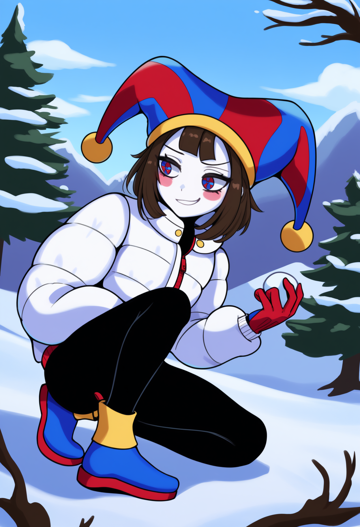 newest, full body, solo, 1girl, white skin, blush stickers, smirk, looking to the side, on one knee, holding snowball, short hair, brown hair, striped headwear, red headwear, blue headwear, jester cap, two-tone eyes, red eyes, blue eyes, white jacket, down jacket, puffy long sleeves, mismatched gloves, red gloves, blue gloves, black pants, ankle boots, outdoors, blue sky, cloud, nature, snow, tree, mountainous horizon
<segment:yolo-Anzhc Face seg 640 v3 y11n.pt,0.5,1//cid=11> <segment:yolo-Anzhc Eyes seg-hd.pt,0.5,1//cid=12>