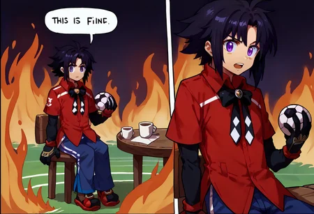 score_9, score_8_up, score_7_up, 2koma, comic, fire, sitting, speech bubble, burning, table, chair, cup, <lora:ThisIsFine_pdxl_Incrs_v1:1>,detailed skin,stadium,play football,football,revin,coat,red_shirt,black_bow,black_gloves,dark_hair,purple eyes,open mouth,<lora:revin_brenten10:1>,