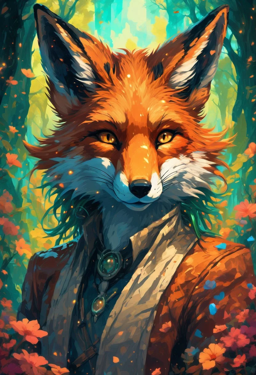 score_9, score_8_up, score_7_up, fantasy anthro furry fox, ethereal, vivid colours, lush, dreamlike, detailed and vibrant, full scene composition, good anatomy, beautiful eyes, mystical, elegant, beautiful, high res, alienworld, flowing ethereal hair, Ethereal Brushstroke