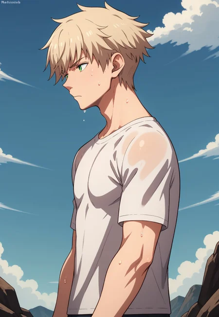 score_9, score_8_up, score_7_up, source_anime, cowboy shot, side view, BREAK, ( green eyes, light blond hair, best eyes, tshirt, looking to the side, neutral expression, very sweaty, ) 1boy, male focus, solo, BREAK, mars landscape, blue sky,