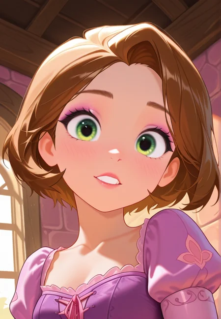 dlh, masterpiece, best quality, amazing quality, very aesthetic, absurdres, newest, detailed background, upper body, indoors, dynamic angle, perfect eyes, beautiful eyes,
rapunzelxd, 1girl, solo, brown hair, green eyes, short hair, teeth, upper body, purple dress, makeup, puffy sleeves, looking at viewer
<lora:Rapunzel_-_Disney_Illustrious_r1:1>