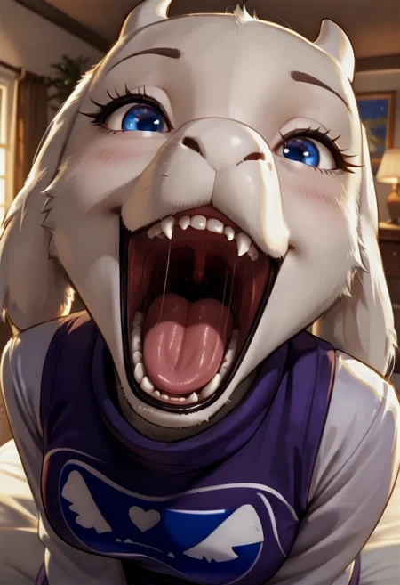 score_9_up, score_8_up, score_7_up, source_furry,
furry female, toriel, anthro, white fur, fluffy tail, blue eyes, furry body, indoors, bedroom, night, in the dark,
on bed,
BREAK, vore, high-angle view, smug, mouth close-up, holding the viewer, pov, imminent vore, mawshot, mouth open wide, detailed mouth, extremely close up, maw shot,