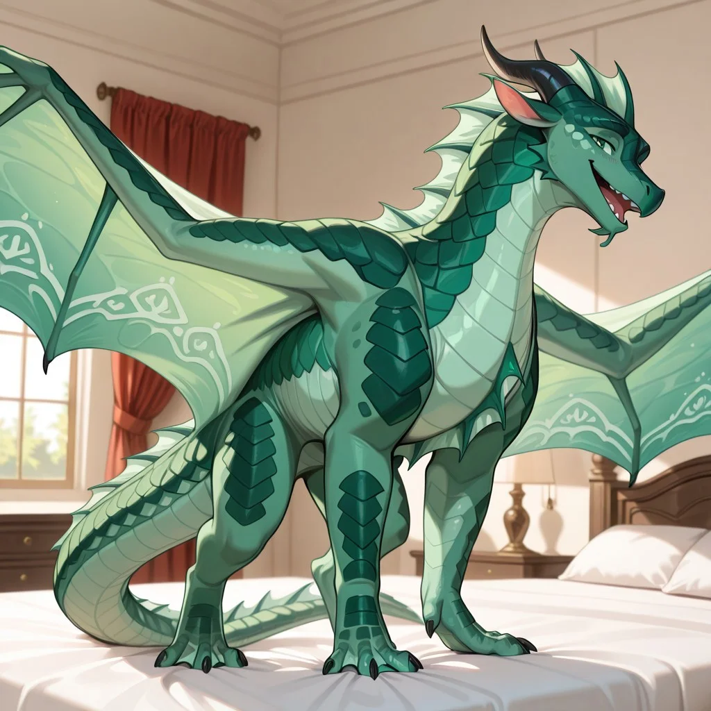 1boy, highres, absurdres, newest, masterpiece, best quality, furry, furry_male, Seawing_wof, aquatic scales, chin tendrils, dragon, scales, wings, horns, tail, head frill, claws, chest frill, webbed claws, webbed feet, Turtle_wof, green scales, green eyes, green frill, 1boy, wing pattern, spread wings, (feral, quadruped:1.1), detailed eyes, standing, open_mouth, open mouth smile, luxurious detailed room, bright room, day scene, professional lighting, white bed, solo, bedroom, smiling, seductive, looking_at_viewer, masterpiece, close up, safe