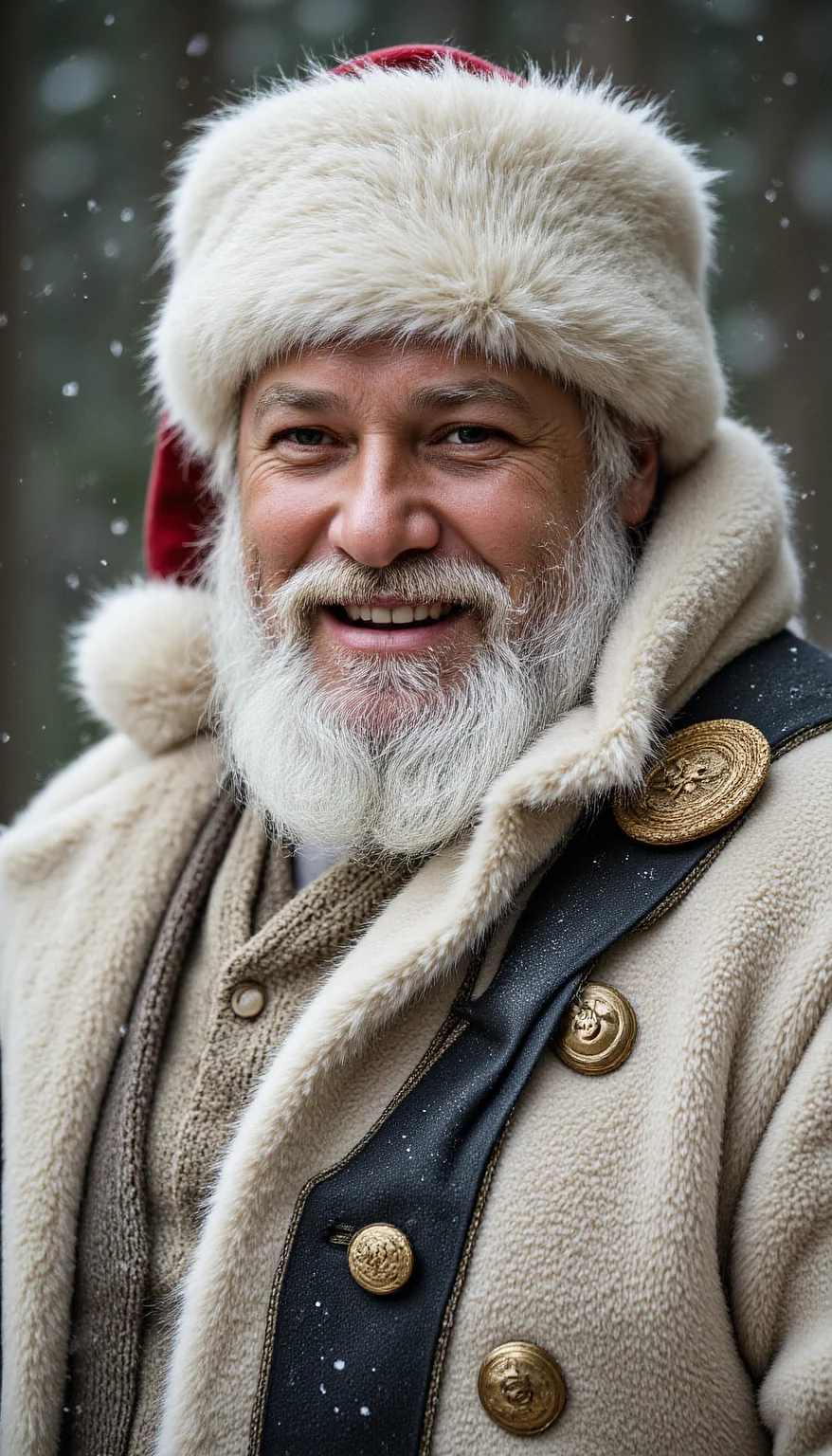 A jovial Santa Claus, hyperrealistic portrait, in a snowy forest setting. The Santa has a thick, white fur hat, a full white beard and mustache, and a creamy-white, textured coat with faux fur trim. The coat has decorative black leather-like panels with golden buttons and embellishments. A gold emblem is noticeable on the coat's shoulder. The scene is wintery with light snowfall, softly highlighting the details of the fur and textures. The background is a dark muted green/gray, with bokeh suggesting soft light and blurred trees. The colors are primarily muted whites, creams, grays, and a touch of gold. Soft lighting casts a warm glow on Santa creating a cozy, festive atmosphere. hyp3rd3tail style <lora:hyper-detail-illustration:0.5>, aidmarealisticskin <lora:aidmaRealisticSkin:0.9>, Black and White, Blue themed color, Cyan themed color, Green themed color, Magenta themed color, "Orange themed color, Pink themed color, Purple themed color, Red themed color, Sepia themed color, Neutral themed White color, Yellow themed color <lora:film cinematic dramatic color style v2.1:0.5>, <lora:Flux_Christmas_Décor_v.1:1>
