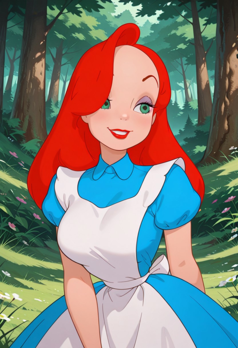 masterpiece, best quality, amazing quality, very aesthetic, absurdres, newest, detailed background, outdoors, ( official style:1.2), forest, flowers, grass, 
jessicaxd, 1girl, solo, red hair, green eyes, lipstick,  long hair, red lips, mascara, hair over one eye , makeup, 
Blue dress, white apron, short sleeves, puffy sleeves, large breasts, looking at viewer, 
smile,