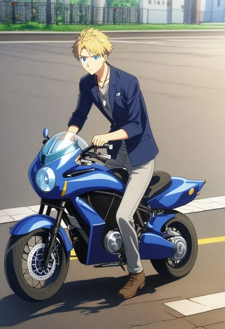 high resolution, professional photography, solo, best quality, 1Boy, Yamato Ishida, Blond Hair, Deep Blue Eyes, Necklace, open helmet, motorcycle, sidewalk, OverallDetail