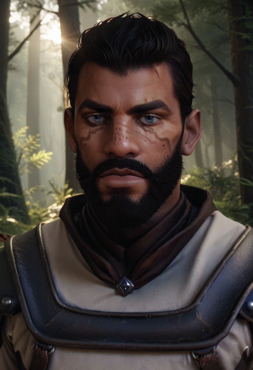 score_9, score_8_up, score_7_up, score_6_up, score_5_up, score_4_up, BREAK man, Kian_Alvane, beard, short black hair, shoulder armor, white and brown tunic, forest, daylight, face close-up