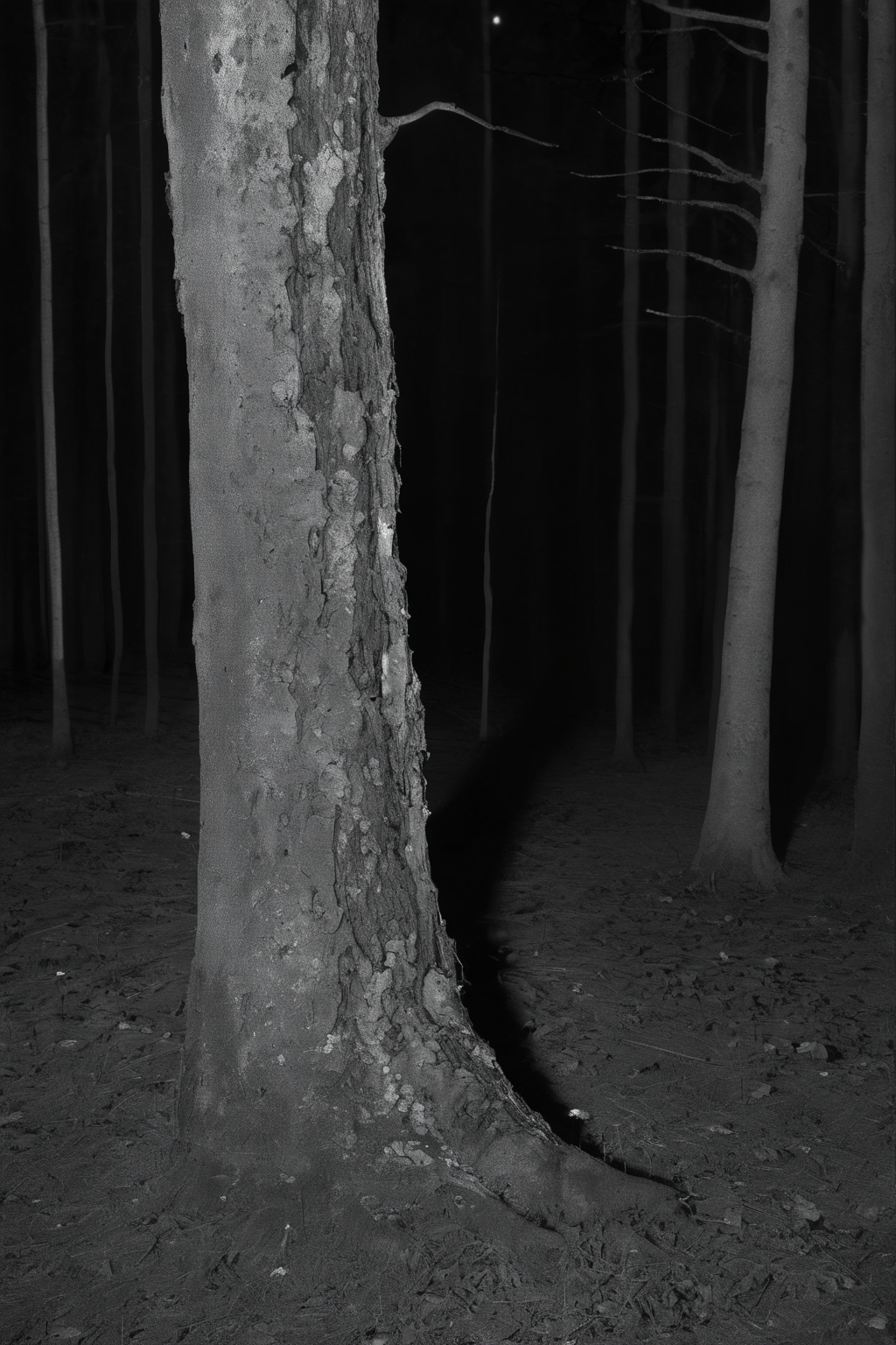 <lora:Photographer Elena Helfrecht Style:1>Photographer Elena Helfrecht Style - a black and white photo of a tree trunk in the woods at night