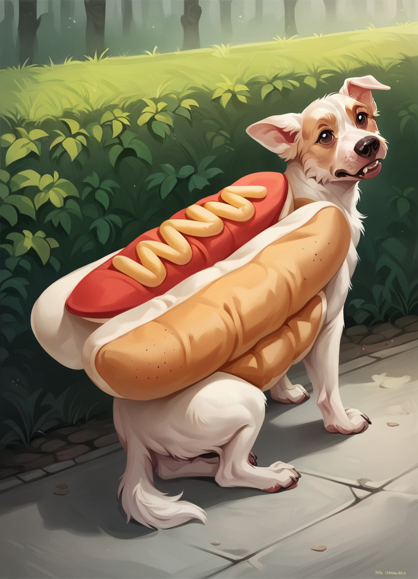 catalog shot of score_9, score_8_up, score_7_up, score_6_up, score_5_up, score_4_up, hud_d0g, no humans, animal focus, white dog, hot dog, mustard, <lora:doggy:0.7>, outdoors, yard unbuttoned
