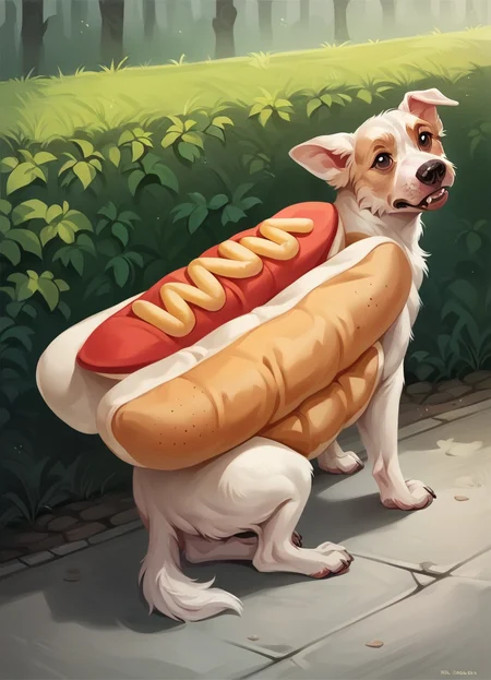 catalog shot of score_9, score_8_up, score_7_up, score_6_up, score_5_up, score_4_up, hud_d0g, no humans, animal focus, white dog, hot dog, mustard, <lora:doggy:0.7>, outdoors, yard unbuttoned