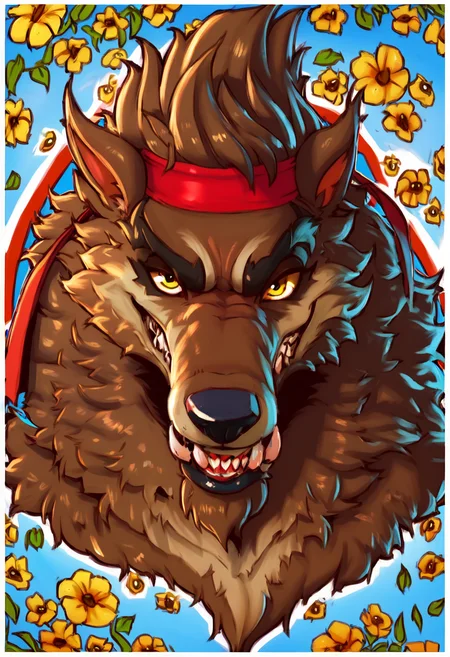 score_9, score_8_up, score_7_up, best quality, highres, 1boy, solo, dire, fortnite, werewolf, furry, brown fur, yellow eyes, headband, seductive, flower field, detailed background, looking at viewer, <lora:Dire_Fortnite:1>, hdr