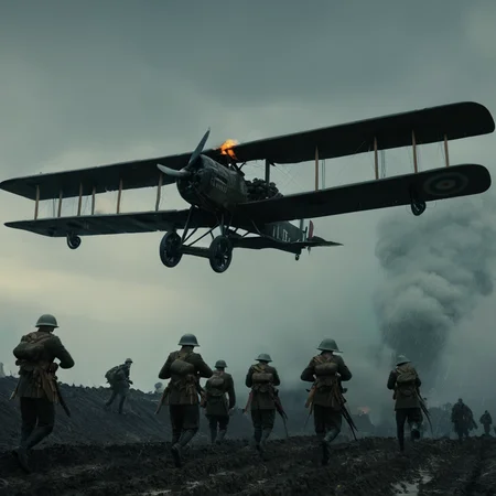 UHD, 4k, ultra detailed, cinematic, a photograph of  <lora:Battlefield ww1 style:1>
 a military plane flying over a group of british soldiers battlefield ww1 style,weapon,outdoors,multiple boys,2boys,gun,military,helmet,fire,rain,aircraft,military vehicle,airplane,battle,soldier,helicopter,war , war, war zone, battle, warrior, soldier, dark themed, cinematic, film look, world war 1, first world war, ww1, military, dramatic light, epic, beautiful lighting, inpsiring