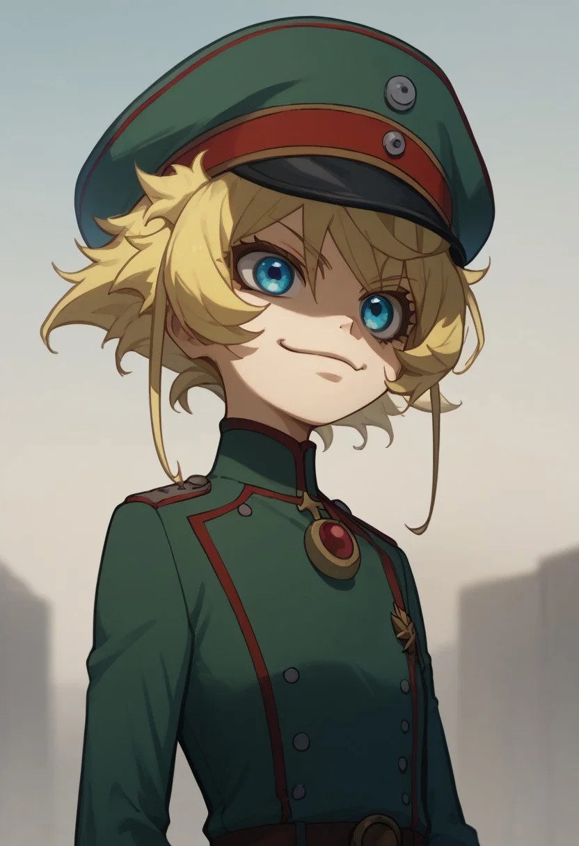 score_9, score_8_up, score_7_up, score_6_up, 1girl, Tanya Degurechaff, blonde hair, short hair, blue eyes, smile, closed mouth, uniform, hat