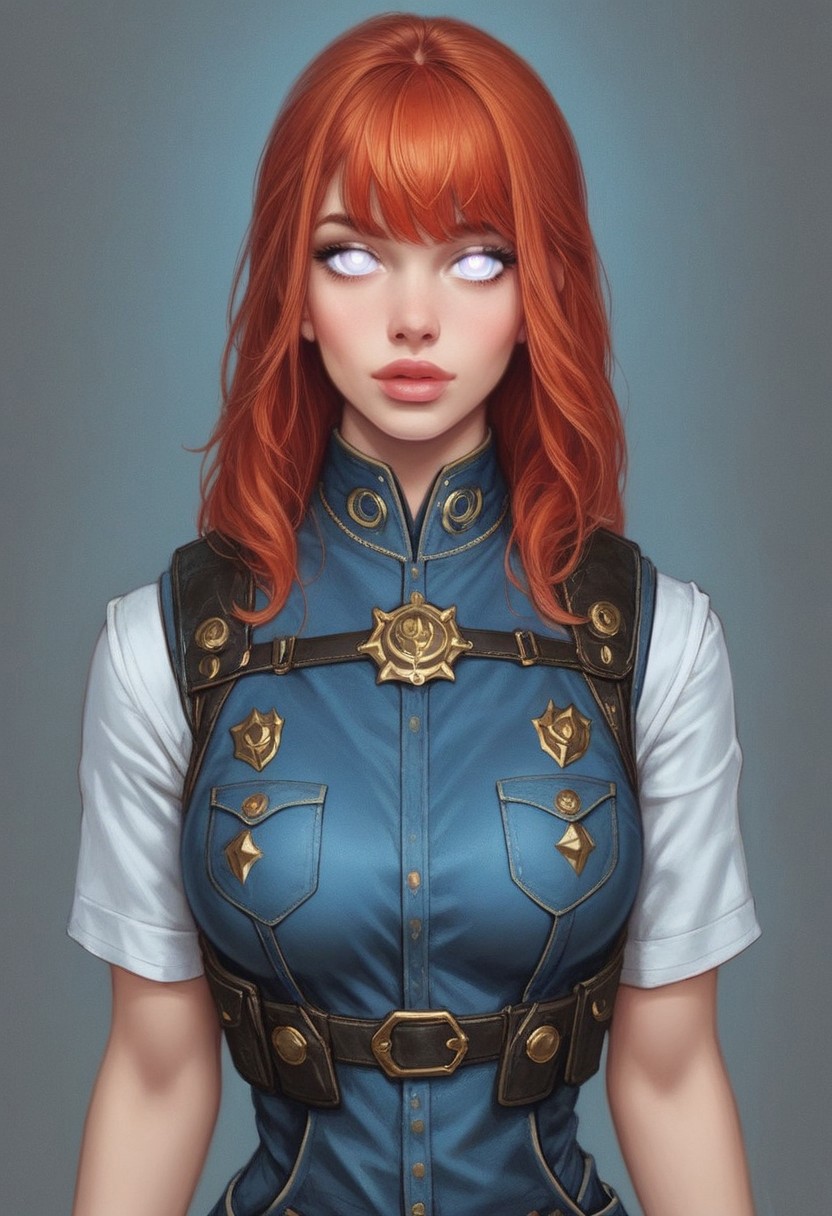 comic style, looking at viewer, highly detailed, source_comic_illustration, from front, 1girl, illustration, comic style, looking at viewer, highly detailed, source_comic_illustrationskinny, looking at viewer, 1girl, masterpiece, best quality, cowboy shot, girl, realistic drawing, anime, by Sam Yang, sharp highly detailed 2d illustration, comic art, (hyperrealism, soft light, sharp), post-apocalyptic style
BREAK
((((1girl, cute face, dynamic pose, post-apocalyptic style
Glowing aura surrounding a futuristic character like the Nomad, (clad in a futuristic detailed survival blue overalls), (((futuristic army vest armor))) patches on suit, redhead, long bangs, holographic blue light streaks, medium breasts, (big shining white eyes without pupils:1.5), dynamic pose)))), modest smile
BREAK 
((((full closed))))
post-apocalyptic style background score_9, score_8_up, score_7_up, score_6_up, source_cartoon, rating_explicit, Expressiveh, (((((upper body))))), dynamic pose