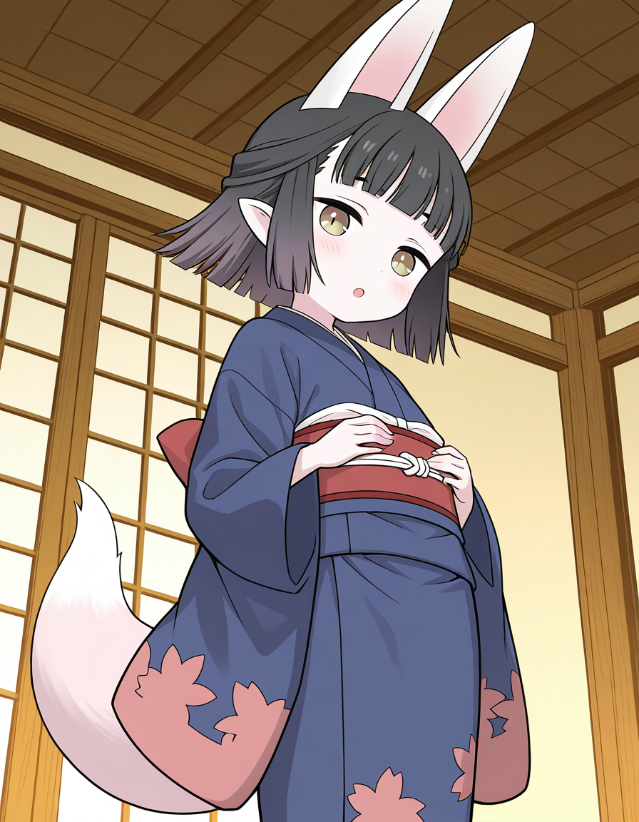 general,highres, ultra-detailed,very aesthetic,best quality ,best hands,  BREAK <lora:Hasaha_IS:1> Hasaha, 1girl,solo, two pieces obi, red obi,
1girl, kimono, solo, japanese clothes, animal ears, tail, fox ears, black hair, sash, from below, looking at viewer, blush, obi, pointy ears, fox tail, blue kimono, short hair, yellow eyes, open mouth, bangs, long sleeves, fox girl, wide sleeves, brown eyes, indoors, standing, :o, medium hair, blunt bangs, looking down, 
Japanese room, tatami,