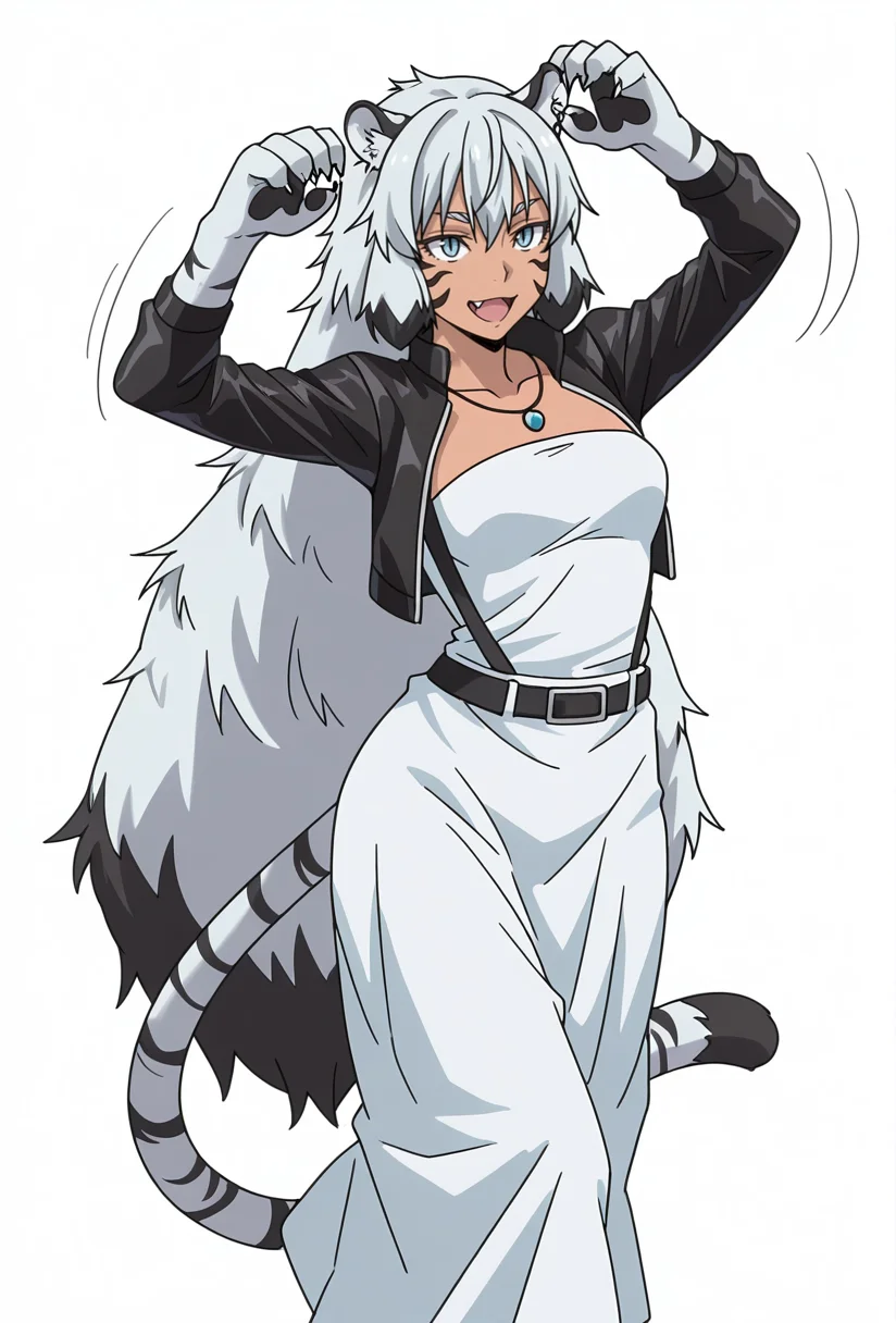 Smooth Quality,masterpiece,very intricate, high quality details, ultra realistic, high detailed skin,detailed enviorement,absurdres,
simple background, white background,solo,
front view,dancing, 
fucked silly,
 <lora:Suphia_CNR_r1:0.8> suphia_cnr, 1girl,long hair, grey hair, blue eyes,dark-skinned female, facial mark,tiger ears, tiger tail, fang,monster girl,necklace,suphia_tiger,slit pupils,very long hair, white hair,claws,animal hands,shrug,  ,biker jacket,  ,suspender skirt,  ,