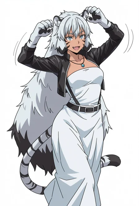 Smooth Quality,masterpiece,very intricate, high quality details, ultra realistic, high detailed skin,detailed enviorement,absurdres,
simple background, white background,solo,
front view,dancing, 
fucked silly,
 <lora:Suphia_CNR_r1:0.8> suphia_cnr, 1girl,long hair, grey hair, blue eyes,dark-skinned female, facial mark,tiger ears, tiger tail, fang,monster girl,necklace,suphia_tiger,slit pupils,very long hair, white hair,claws,animal hands,shrug,  ,biker jacket,  ,suspender skirt,  ,