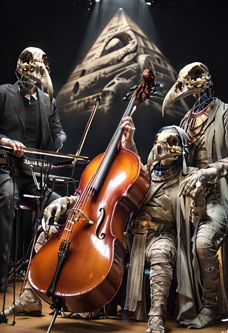 masterpiece, best quality, amazing quality, Khonshu, skull head, floating head, beak, mummified, robe,, playing cello, cello, instrument, bow_(music), left hand on the fingerboard, right hand holding a bow, cello between legs, sitting, spotlight, on stage, hieroglyph, pyramid,