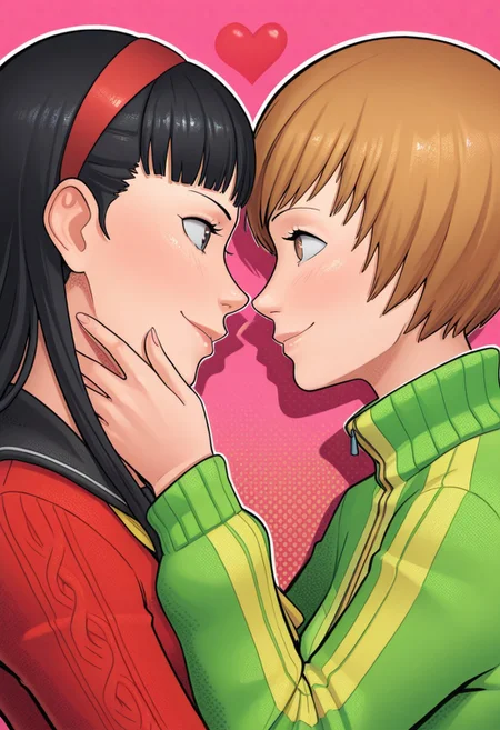 (2girls, duo),
masterpiece, best quality, amazing quality,
rzlln, (halftone, halftone shadows),
eye contact, yuri, satonaka chie, amagi yukiko, clothed, smile, hearts, upper body,