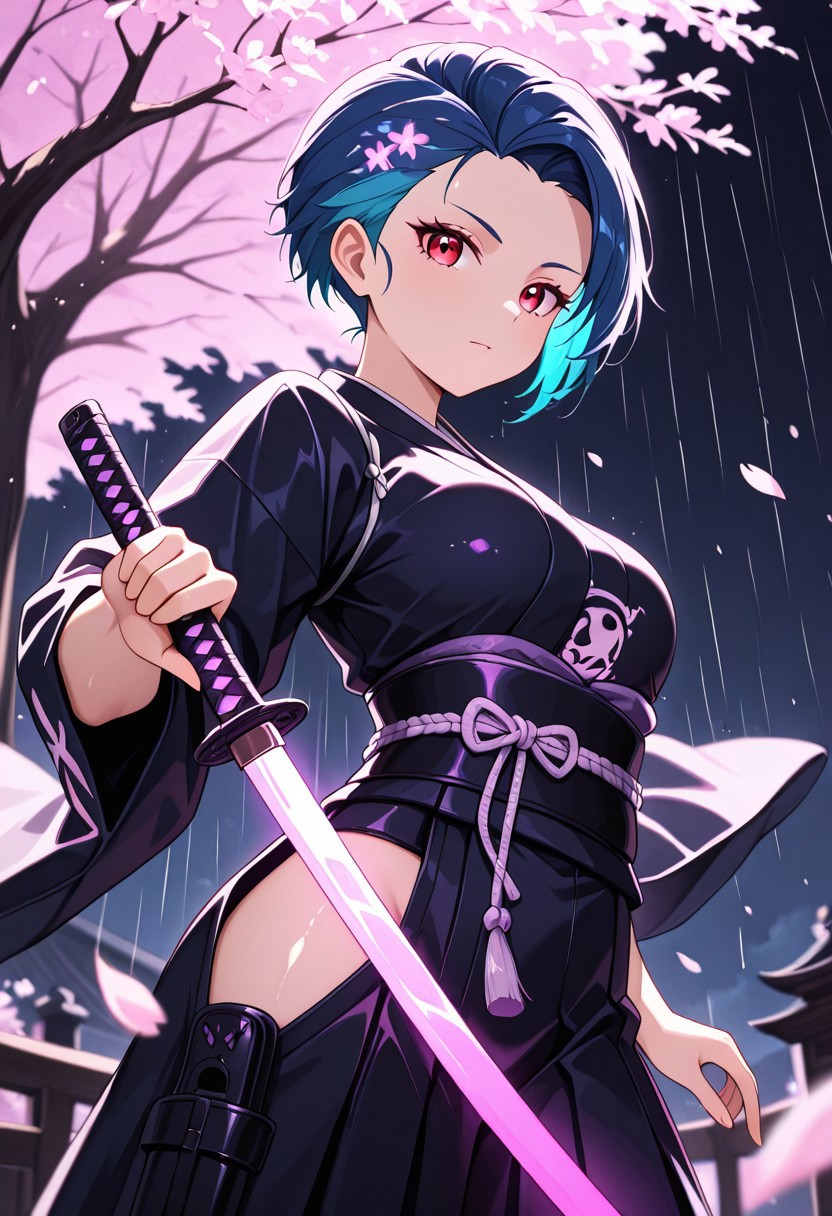 masterpiece, best quality, good quality, very aesthetic, absurdres, newest, 8K, depth of field,  in the style of cknc, artist:moriimee, in the style of cksc, 
1girl, short blue hair, shaved sides, red eyes, medium breasts, firm, armored kimono, glowing katana, glossy skin, striking pose, looking at viewer, from side
BREAK
neon-lit dojo, cherry blossoms, rain falling
BREAK
cool tones, neon glow, high contrast, reflective surfaces, rich details, intense atmosphere