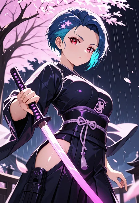 masterpiece, best quality, good quality, very aesthetic, absurdres, newest, 8K, depth of field,  in the style of cknc, artist:moriimee, in the style of cksc, 
1girl, short blue hair, shaved sides, red eyes, medium breasts, firm, armored kimono, glowing katana, glossy skin, striking pose, looking at viewer, from side
BREAK
neon-lit dojo, cherry blossoms, rain falling
BREAK
cool tones, neon glow, high contrast, reflective surfaces, rich details, intense atmosphere
