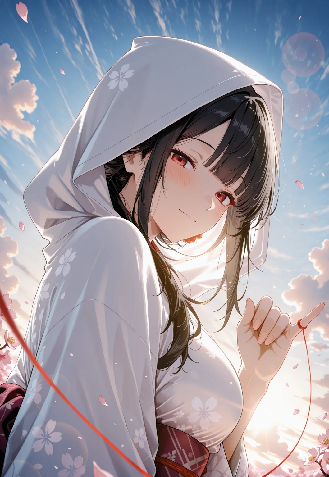 masterpiece,best quality,amazing quality,newest,absurdres,highres, newest,very awa, scenery,anime,
(dutch angle:1.4), from side,portrait,
1girl, beautiful face, perfect eyes, detailed eyes,mature female,
black hair,long hair,blunt bangs,updo, 
red eyes, looking at viewer, light smile, blush,
white kimono, shiromuku,hood up, pattern print,
string of fate,(string on pinky:1.4),pinky out,
outdoor,hand up, hand in front,
(sakura), (petals),string in background ,sunrise, cloud, dawn,
(foreshortening:1.6), backlighting,lens flare,detailed