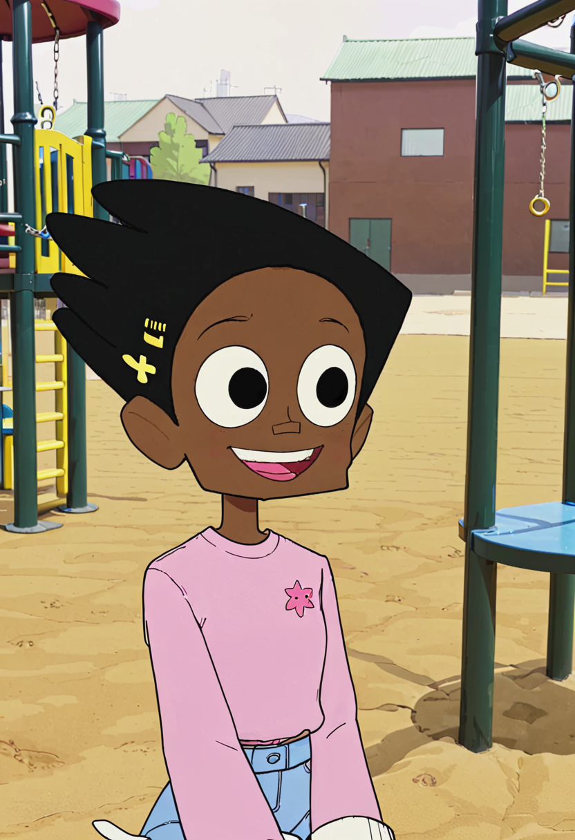 <lora:TwelveForever_Esther_XL:0.9>, esther \(regular\), cowboy shot, grin, esther, twelve forever, 1girl, solo, dark skin, short hair, black hair, black eyes, playground, masterpiece, best quality