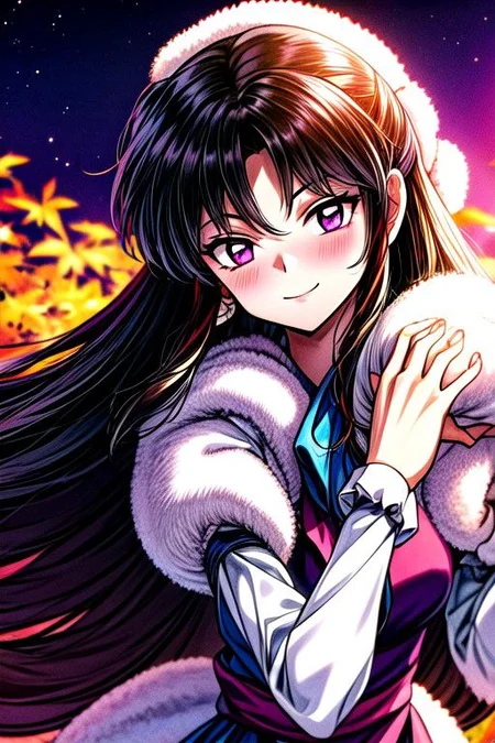 masterpiece, best quality 1girl Setsun4 solo long hair, (night time) forest background black hair very long hair purple eyes multicolored hair armor (fur trim) (medium body),<lora:EMS-179-EMS:0.800000>,<lora:EMS-293862-EMS:0.800000> bow, hair_bow, hair_tubes, red_bow, brown_hair, long_hair, bangs, sidelocks, ascot, brown_eyes, frilled_bow, yellow_ascot, blush, smile, hair_between_eyes