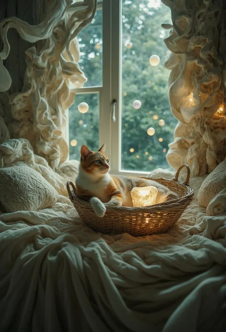 <lora:Paper_Quilling_And_Layered_Paper_Style-000021.safetensors:1>
In the heart of a twilight-drenched room, a calico cat reclines in a wicker basket, her form a soft, ethereal blur against the cream-colored fabric. The basket, woven with threads of shimmering silver, seems to glow from within, casting a gentle, otherworldly light. The unseen windows, now veiled by a mist of translucent silver, allow a muted, dreamy light to filter through, bathing the scene in a tranquil, almost magical glow.
The cat, with her bright, emerald eyes, gazes serenely into the distance, her fur a tapestry of warm browns, whites, and oranges. The textures of the fabric and basket are accentuated by the soft, flowing light, creating a sense of depth and warmth that invites the viewer to step into this enchanted space.
In the corners of the room, delicate, luminescent orbs float gently, casting a soft, iridescent glow that dances across the walls. The air is filled with a subtle, sweet fragrance, like the scent of blooming flowers in a distant garden. The room itself seems to pulse with a quiet, mystical energy, as if it is alive and breathing.
The dreamlike quality of the setting blurs the lines between reality and imagination, transforming the simple, serene image into a mesmerizing and otherworldly experience. The cat, a symbol of calm and grace, appears to be in harmony with the enchanted surroundings, her presence a focal point of peace and beauty.