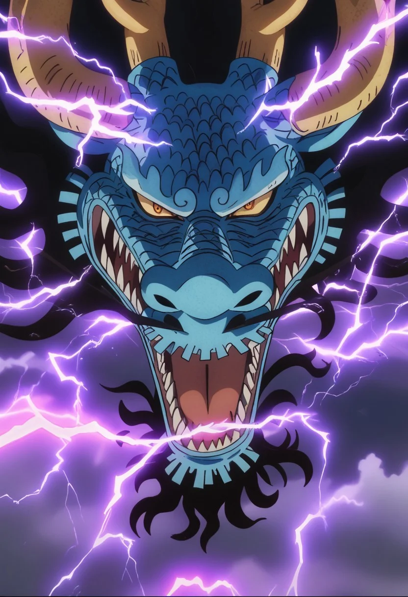 score_9, score_8_up, score_7_up, source_anime, rating_safe, purple electricity, DaidoOP, black_Daido_hair, black_Daido_facial hair, light yellow_Daido_horns, yellow_Daido_eyes, pokemon (creature), dragon focus, anime screencap, open mouth, lightning, giant,