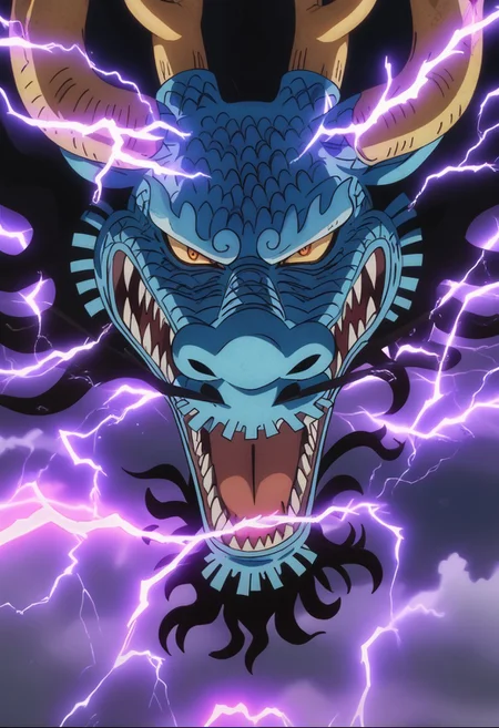 score_9, score_8_up, score_7_up, source_anime, rating_safe, purple electricity, DaidoOP, black_Daido_hair, black_Daido_facial hair, light yellow_Daido_horns, yellow_Daido_eyes, pokemon (creature), dragon focus, anime screencap, open mouth, lightning, giant,