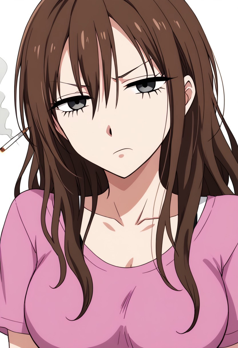 anime screencap, anime coloring,
simple background, white background,
BREAK
1girl, solo, 鬼灯カエデ, kaede, mature, brown hair, long hair, black eyes, half-closed eyes, cigarette, large tshirt, annoyed, tired, looking at viewer
