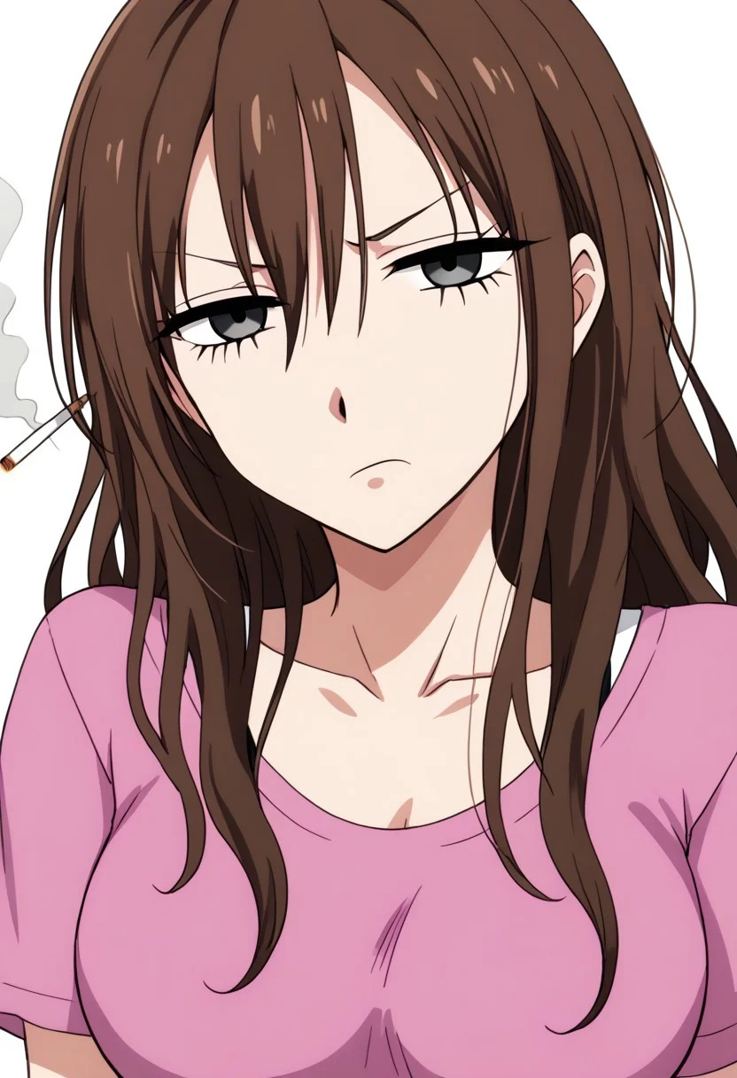 anime screencap, anime coloring,
simple background, white background,
BREAK
1girl, solo, 鬼灯カエデ, kaede, mature, brown hair, long hair, black eyes, half-closed eyes, cigarette, large tshirt, annoyed, tired, looking at viewer