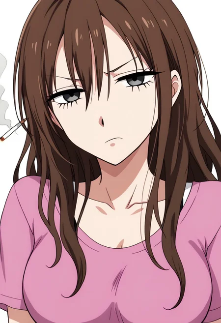 anime screencap, anime coloring,
simple background, white background,
BREAK
1girl, solo, 鬼灯カエデ, kaede, mature, brown hair, long hair, black eyes, half-closed eyes, cigarette, large tshirt, annoyed, tired, looking at viewer
