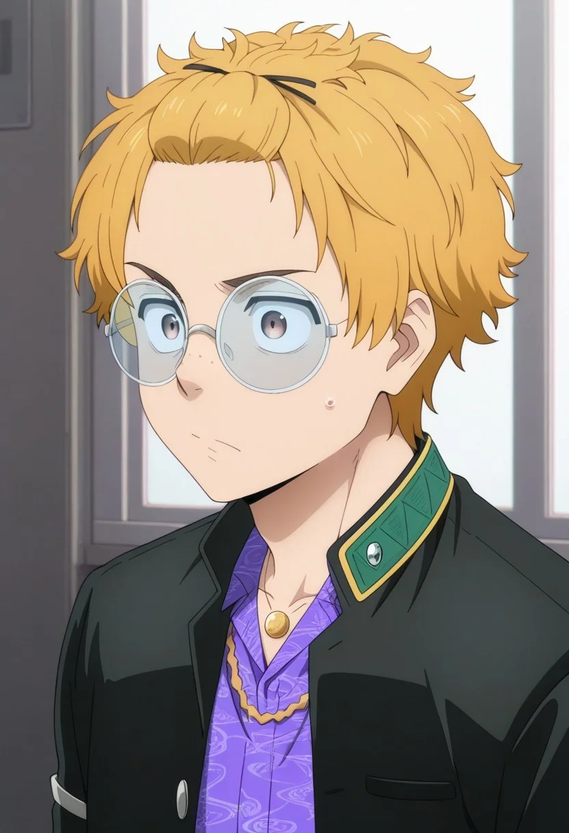 masterpiece,best quality,amazing quality, source_anime,
AkihikoNirei, 1boy, male focus, solo, brown eyes, blonde hair, bangs pinned back, freckles, glasses, round eyewear, school uniform, necklace, jacket, black jacket, open jacket, shirt, purple shirt, collared shirt,