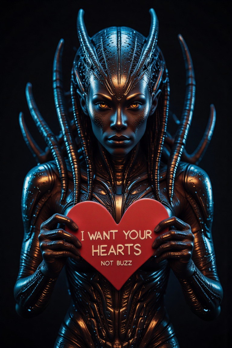 Alien from the movie Alien, dark and shiny holding a red heart shaped card that says "I WANT YOUR HEARTS NOT BUZZ"