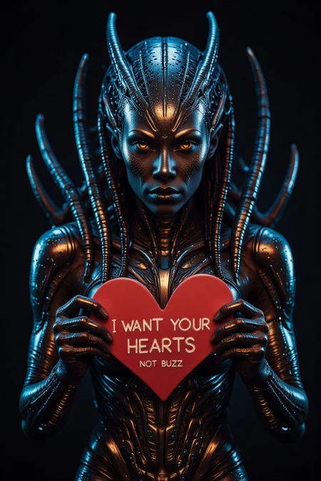 Alien from the movie Alien, dark and shiny holding a red heart shaped card that says "I WANT YOUR HEARTS NOT BUZZ"