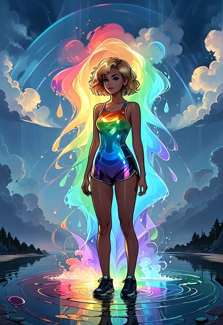 full height, full body, fullbody, 
a girl stands on the surface of the water around the clouds with a reflection in the water,
outline of a girl,
outline of a girl surrounded by a rainbow glow, rainbow aura, girl Hourglass elongated fitness shadow body, Oval Face, Short blonde Waves pixie hair, 
graphic style of novel comics, perfect hands, 2d,
8k, hyperrealism, masterpiece, high resolution, best quality, ultra-detailed, super realistic, Hyperrealistic art, high-quality, ultra high res, highest detailed, lot of details, Extremely high-resolution details, incredibly lifelike, colourful, soft cinematic light,