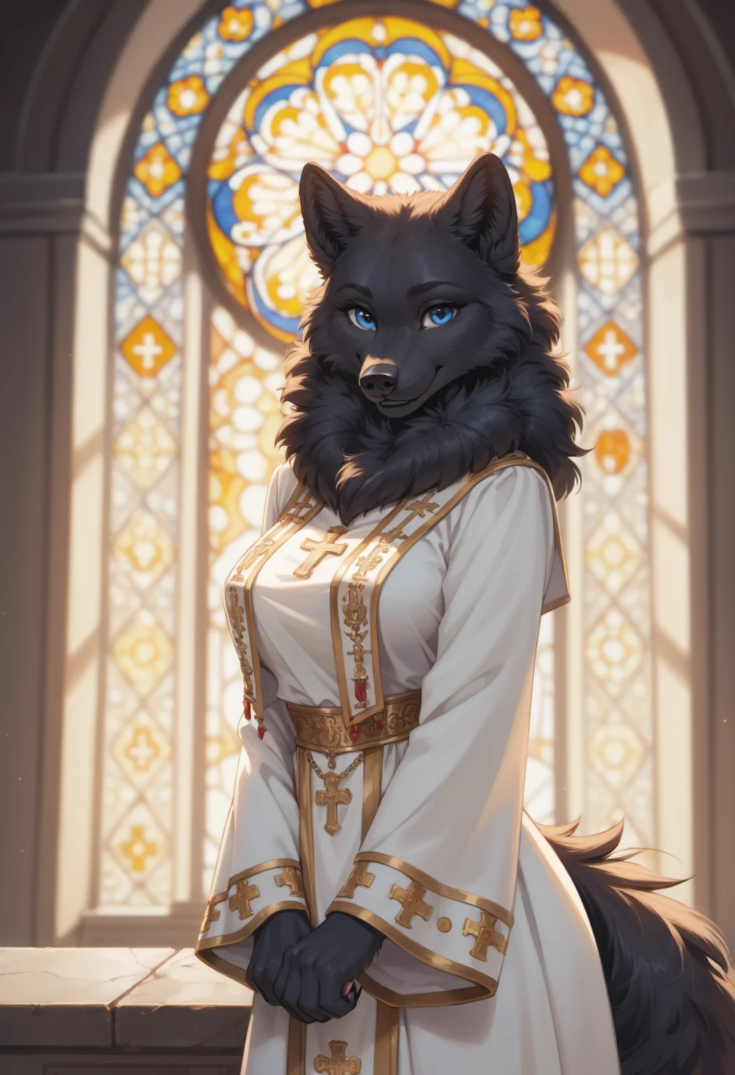 score_9, score_8_up, score_7_up, source_furry, high quality, perfection, detailed, aesthetic, well-lighted,
yellow color theme,
1girl, solo,
cathedral, stained glass,
furry female, anthro, furred body, fluffy fur, beautiful girl, cute girl, young, youthful, beautiful face, beautiful eyes, perfect eyes, detailed eyes,
(wolf girl:1.1), (black fur:1.2), one-tone fur, large breasts, (baldness:1.75), blue eyes, fluffy neck tuft, fluffy hind head, fluffy mane,
white priest clothes, cross print, holy symbols,
smile, looking at viewer