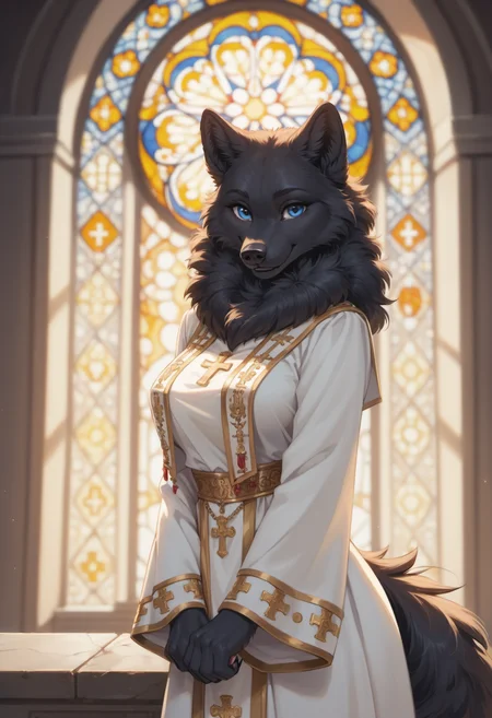 score_9, score_8_up, score_7_up, source_furry, high quality, perfection, detailed, aesthetic, well-lighted,
yellow color theme,
1girl, solo,
cathedral, stained glass,
furry female, anthro, furred body, fluffy fur, beautiful girl, cute girl, young, youthful, beautiful face, beautiful eyes, perfect eyes, detailed eyes,
(wolf girl:1.1), (black fur:1.2), one-tone fur, large breasts, (baldness:1.75), blue eyes, fluffy neck tuft, fluffy hind head, fluffy mane,
white priest clothes, cross print, holy symbols,
smile, looking at viewer