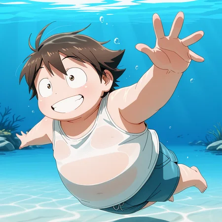 masterpiece, best quality, amazing_quality, high_quality, detailed_background, <lora:haruhi-v2:0.9> (awharuyukia), aged up:0.5, chubby, 1boy, see-through, underwater, swimming, dappled sunlight, dynamic expressions, smile, white tank top, blue shorts, air bubble, solo, floating_hair